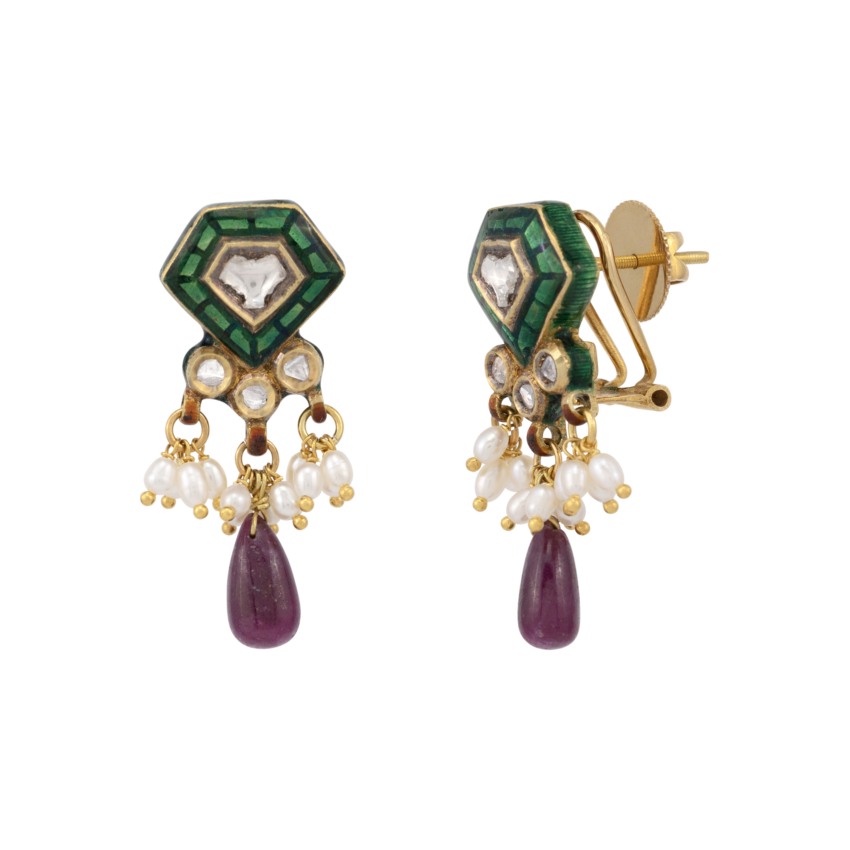 Green Talaf Polki Neacklace Set with Ruby Colour Drops